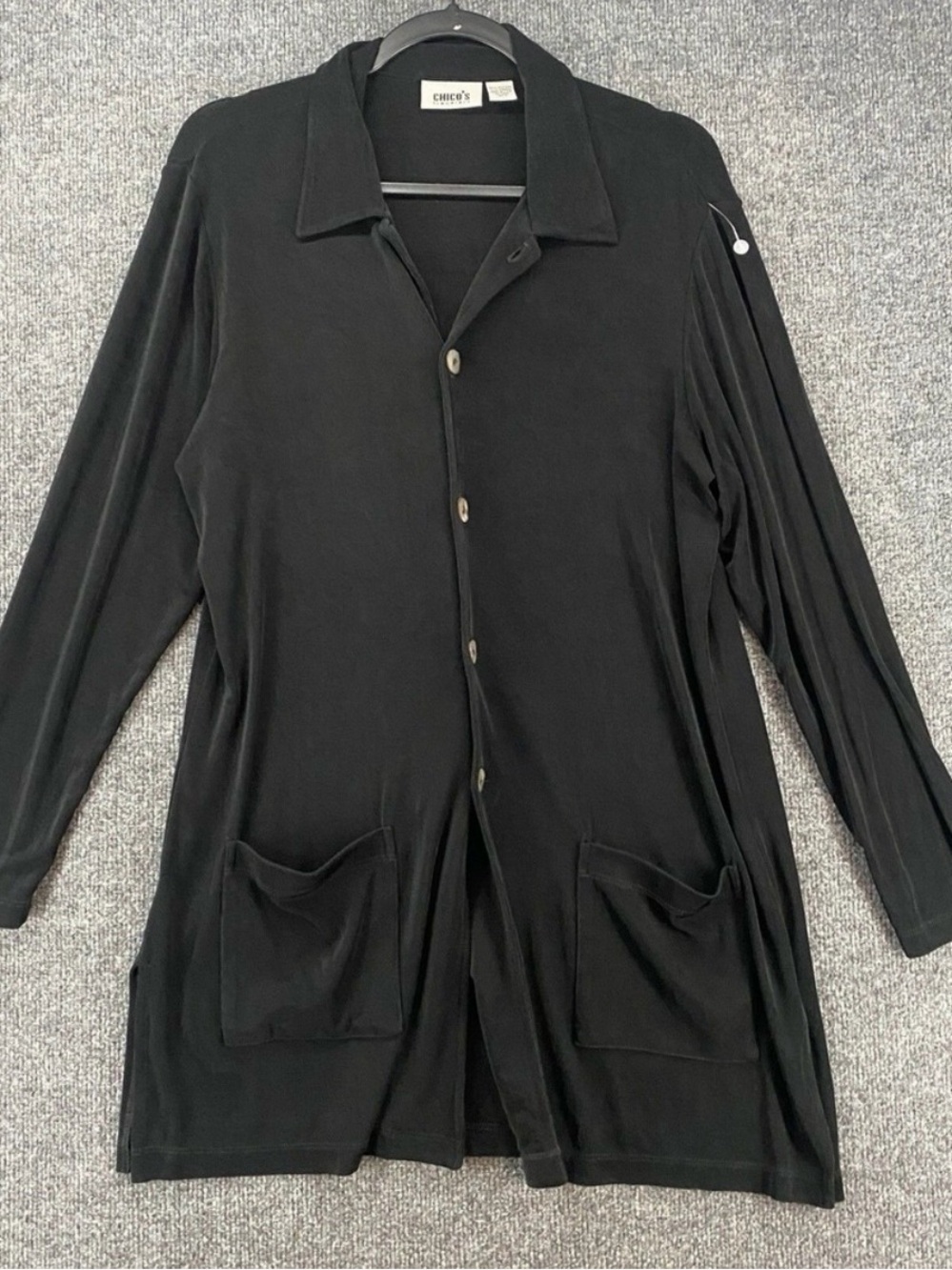 Chicos Travelers Jacket Size L Black Slinky Button Up Long Lagenlook Whimsigoth